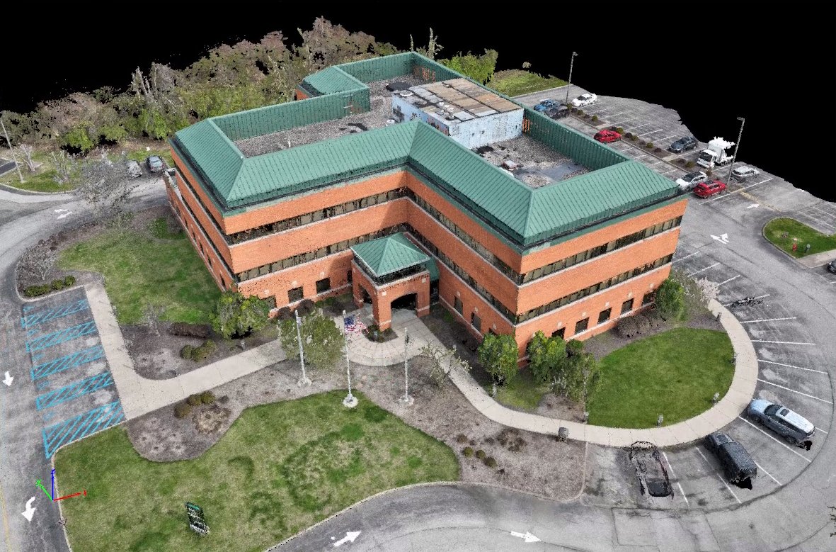 PickeringUSA's tweet photo. What appears to be a grainy photo is an interactive 3D model. By using photogrammetry, Pickering is able to create a complete 3D scan that can be used to calculate important building data without ever setting foot on the roof. #pickeringusa #dronephotography #architecture https://t.co/myJoZxoc26