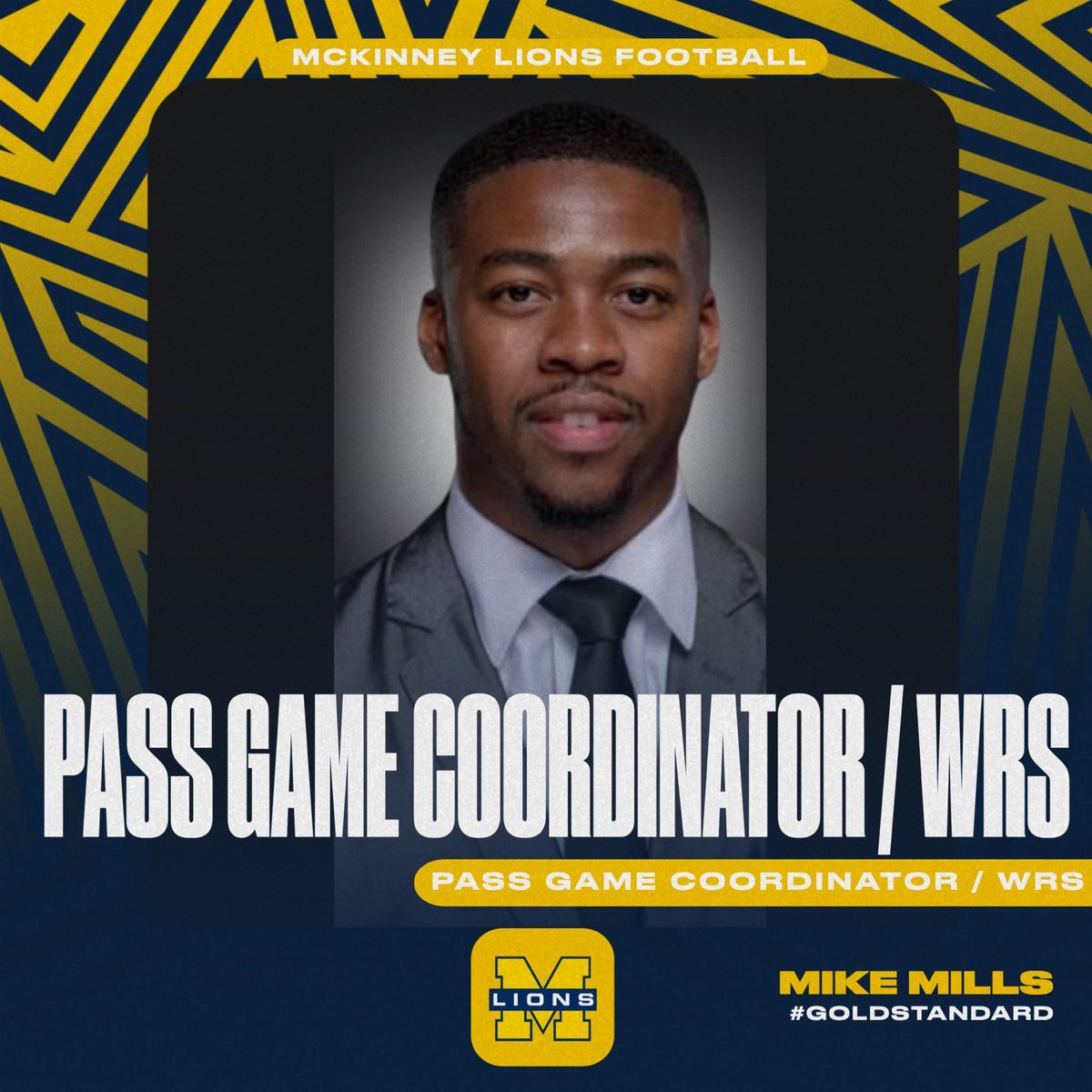 CoachLeonardTX's tweet photo. Excited to announce Mike Mills (@CoachMikeMills) as our new Pass Game Coordinator/WRs Coach/Recruiting Coordinator!

✅Former DI Football Player
✅Former DI Director of Compliance 
✅Worked with KC Chiefs Youth Outreach
✅2x HS State Champion Athlete

#GRIT🔵🐾
#GoldStandard🟡🦁 https://t.co/mpXv8QdaYh