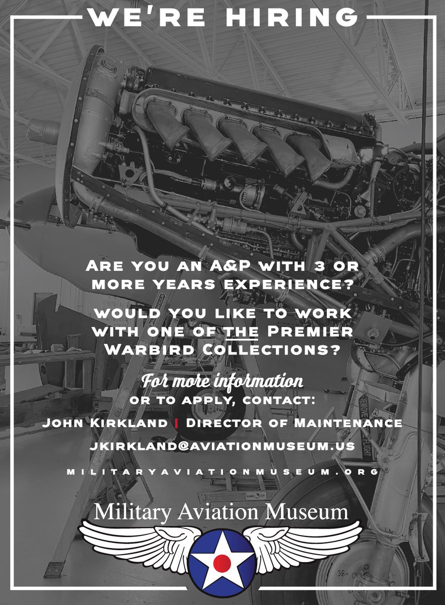 Are you an A&P with at least 3 years of experience & have always wanted to work on epic warbirds? We're looking for you! Share this info! For more info/apply, contact John Kirkland | Director of Maintenance: jkirkland@aviationmuseum.us #airframeandpowerplant #aircraftmaintenance