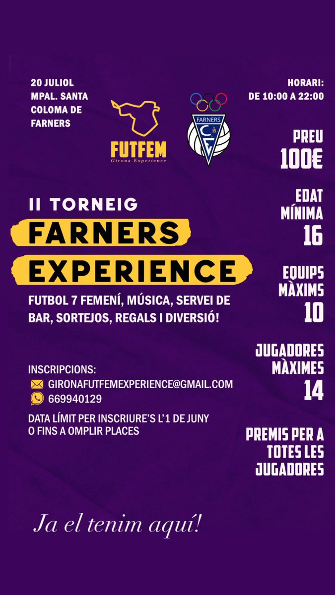 El proper 20 de juliol, 𝘼𝘾𝙏𝙄𝙑𝘼´𝙏 ‼️
Et presentem el 𝘁𝗼𝗿𝗻𝗲𝗶𝗴 𝗱’𝗲𝘀𝘁𝗶𝘂 𝗱𝗲 𝗳𝘂𝘁𝗯𝗼𝗹 𝗳𝗲𝗺𝗲𝗻𝗶́.

Forma un equip i vine a passar-t’ho bé i a lluitar pels premis que oferim!  

Diversió, música, sortejos, servei de bar, festa i futbol femení!