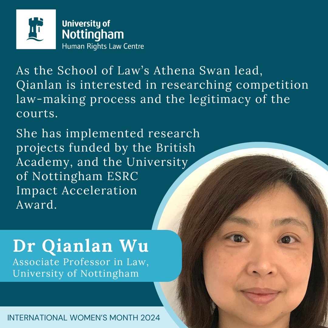 Meet Dr Qianlan Wu, member of the HRLC’s Business, Trade and Human Rights unit and @UoN_Law Athena Swan lead! #InternationalWomensMonth at @UniofNottingham #competitionlaw