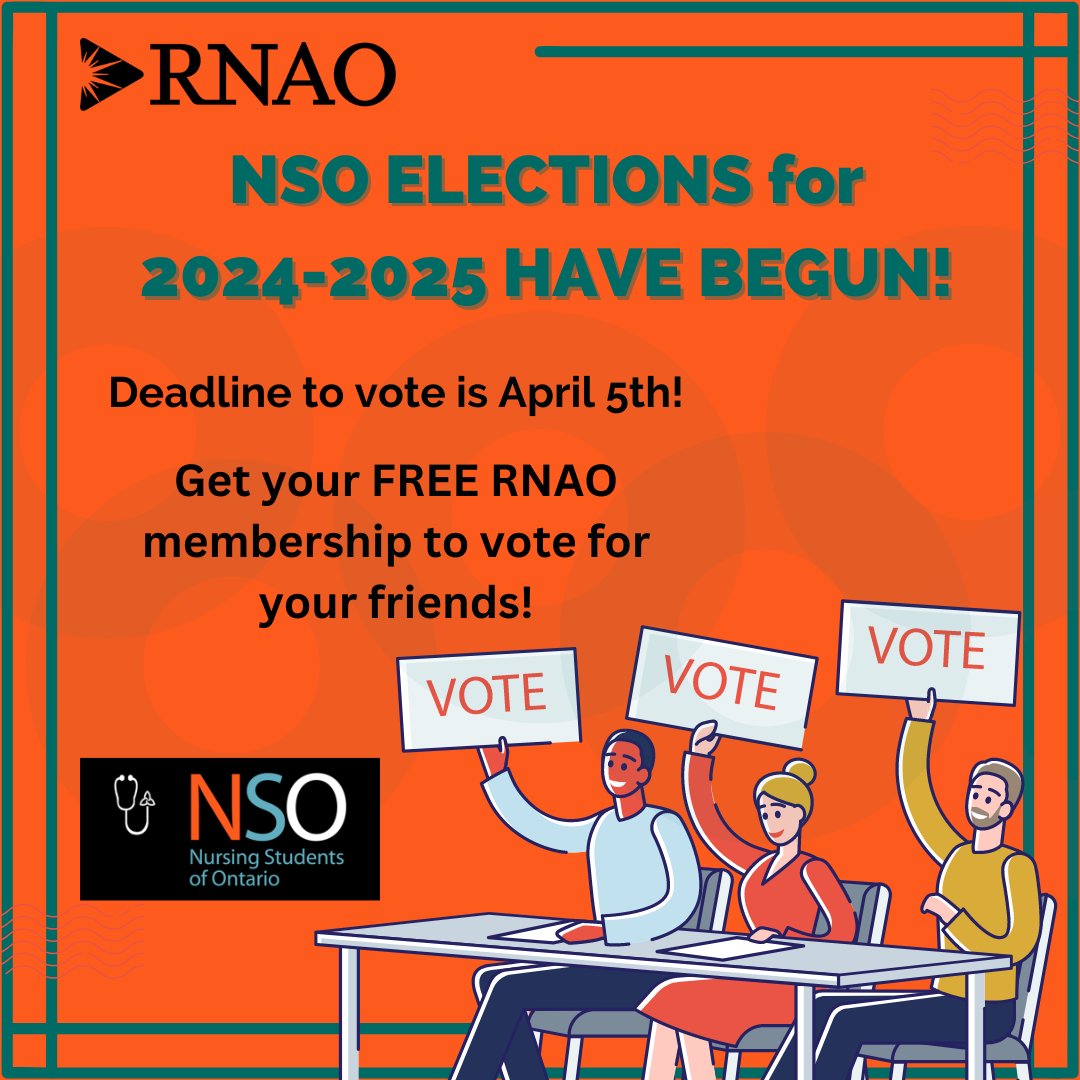 🚨Elections for the 2024-2025 NSO team.🚨 DEADLINE TO VOTE: Friday, April 5th @ 4:00 pm Link to vote: myrnao.ca/user/login?des… ✨ Use the promo code: RNAOFREE24 to get your FREE RNAO membership for a year by APRIL 5TH! ✨ LINK TO FREE MEMBERSHIP: rnao.ca/membership/stu…