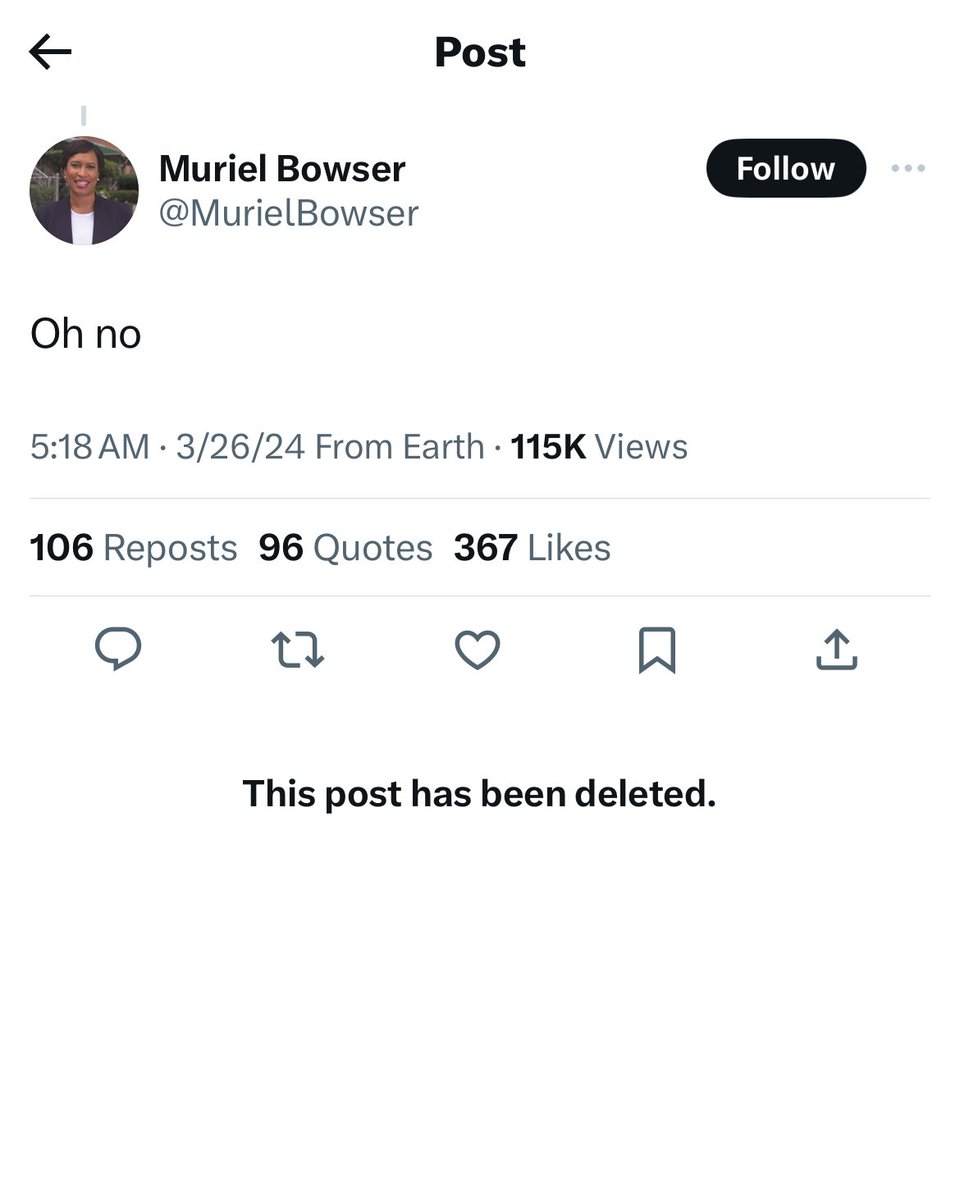 The mayor of DC deleted her tweet responding to the bridge collapse in Baltimore