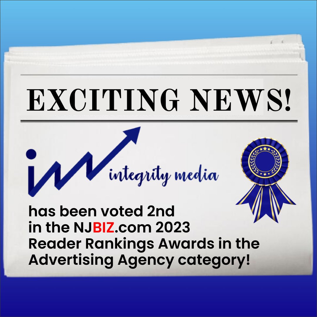 🏆 Exciting News! Integrity Media has achieved a top-three ranking in the NJBiz Reader Rankings Awards for Advertising Agencies. 🎉 Thanks to our clients & partners for their trust! 🙌 njbiz.com/reader-ranking… #NJBizReaderRankings #AdvertisingAgency