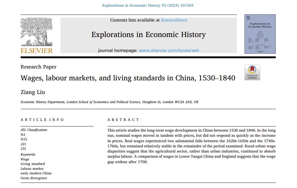 🔔My article 'Wages, Labour Markets, and Living Standards in China, 1530-1840' is finally out in Explorations in Economic History and was dispatched in print yesterday. It took a bit of time, but it's finally landed!🔔