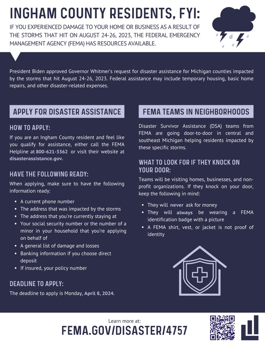 If you're an Ingham County resident whose house or business was impacted by the line of storms that hit on August 24-26, 2023, this is for you! Deadline to apply is April 8, 2024. How to apply: lansingmi.gov/asset/e16ef062…. FEMA teams in neighborhoods: lansingmi.gov/asset/abf0c675….