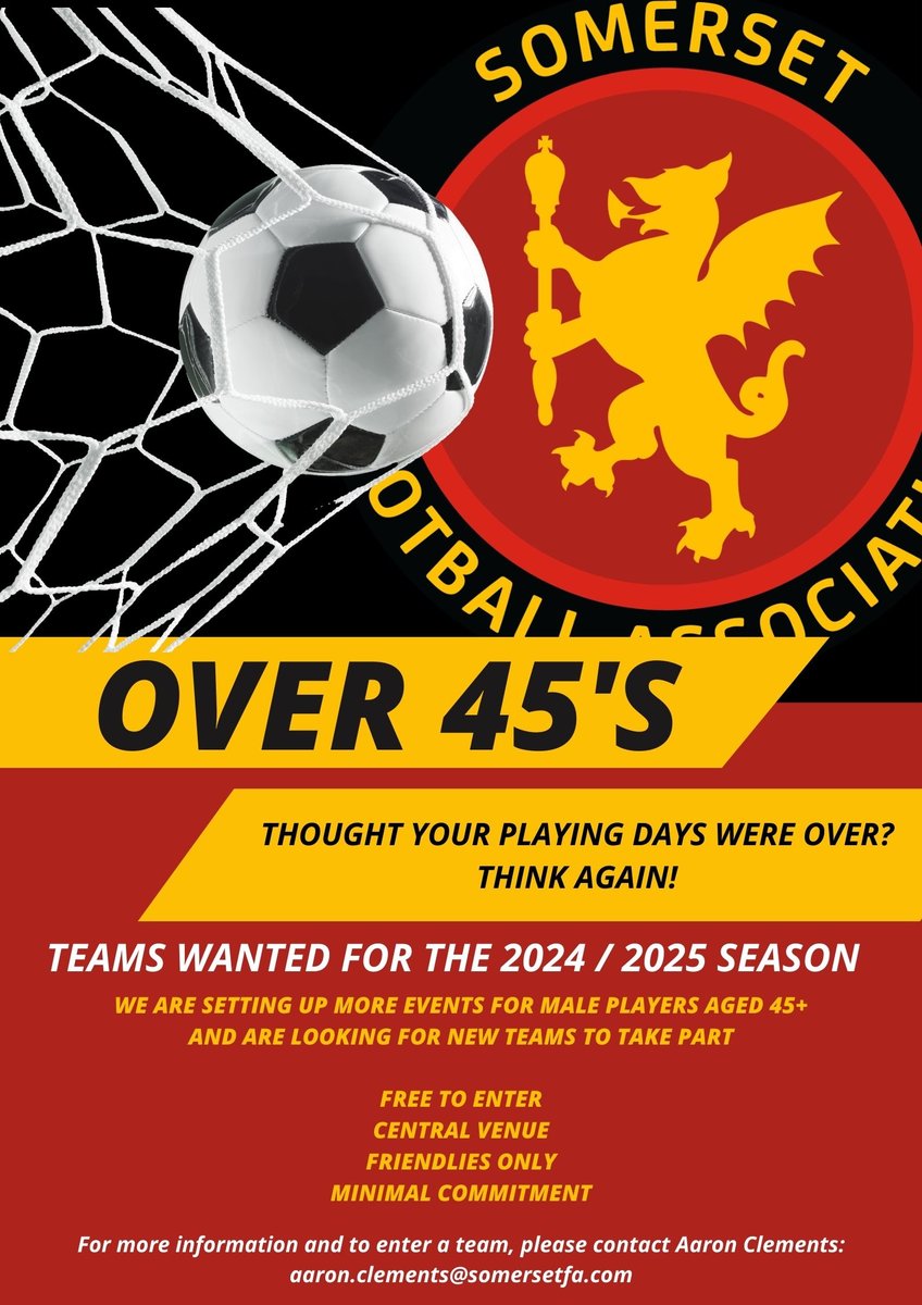 Somerset FA (@somersetfa) on Twitter photo OVER 45’s TEAMS WANTED - We are setting up more football for Over 45s in the county and are looking for teams (Small Sided/5 or 6 a side)
If any teams are interested in entering our next FREE event in June 2024, please contact aaron.clements@somersetfa.com for more information. OVER 45’s TEAMS WANTED - We are setting up more football for Over 45s in the county and are looking for teams (Small Sided/5 or 6 a side)
If any teams are interested in entering our next FREE event in June 2024, please contact aaron.clements@somersetfa.com for more information.