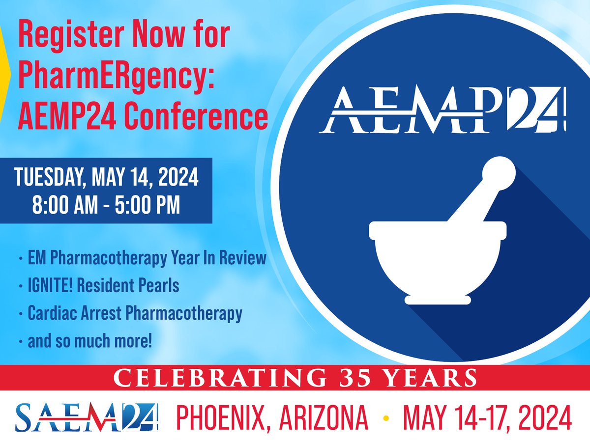 Registrations are live for the PharmERgency #AEMP24 conference in May! Join us for insights into the latest developments in resuscitation, #EMPharmacotherapy, and more, from an impressive lineup of speakers from diverse disciplines and specialties. ow.ly/rPKp50QYLu0