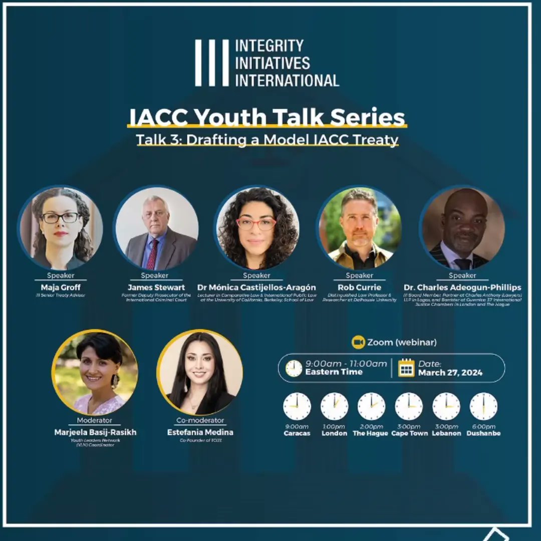 ¿Puede un tribunal internacional anticorrupción ser una medida efectiva para abordar los grandes casos de corrupción? Es una de las preguntas eje en la conferencia 'IACC Youth Talk 3: Drafting a Model IACC' por parte de @Integrity_IACC dónde les hacemos una cordial invitación a…