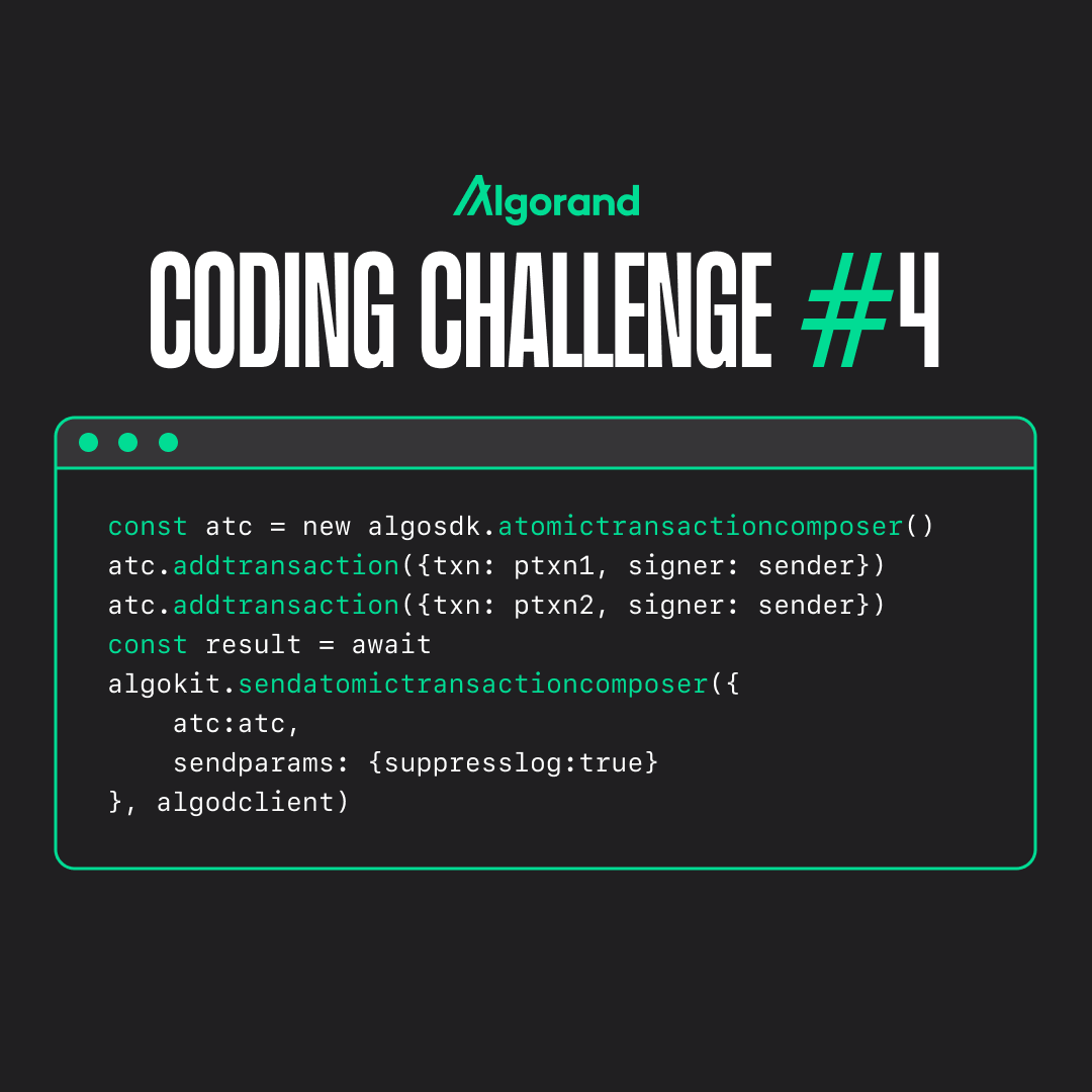 algodevs's tweet image. 🚨The FINAL event is here! 🚨

The month-long #AlgoCodingChallenge is coming to a close.

Welcome to Challenge #4 ✨

Will you take home victory and earn yourself a limited-time completion badge? ⭐

Jump in now 👇
github.com/algorand-codin…