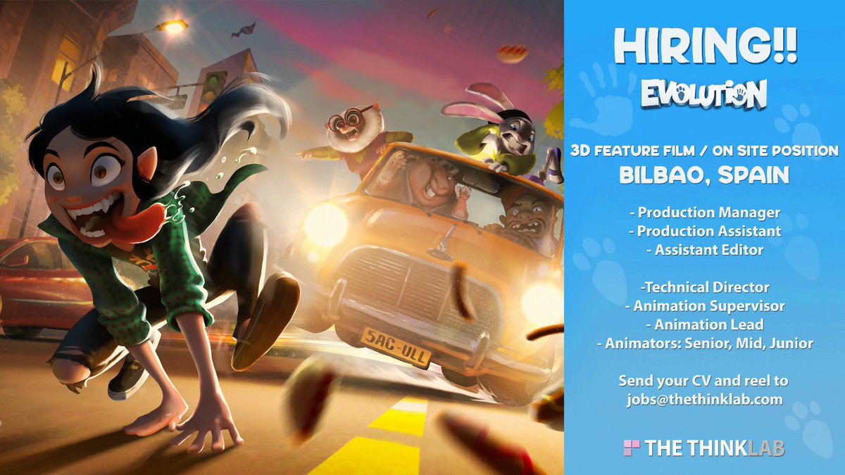 thethinklab's tweet image. We're hiring! 📣🚨

Apply now to join our team for our next 3D animated feature "Evolution" (on site position in Bilbao, Spain).

📥 Send your CV and reel to jobs@thethinklab.com

#animation #3drecruit #3d #filmproduction #featureanimation