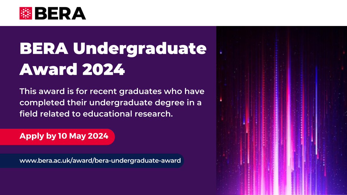 Are you a recent graduate and completed your undergraduate degree in a field related to educational research? The 2024 BERA Undergraduate Award is now open for applications! 🗓️ Deadline: 10th May 2024 Apply here: bera.ac.uk/award/bera-und…