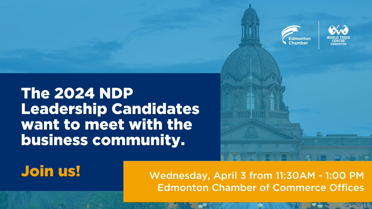 📢 JUST LAUNCHED! 📢 Candidates from the upcoming @albertaNDP Leadership race will be joining our business community! 📅- Wed, April 3 📍- World Trade Centre, 6th Floor ⏲ - 12-1PM It's your chance to let them know what #yegbusinesses need to thrive! lnkd.in/gsGb5J_h