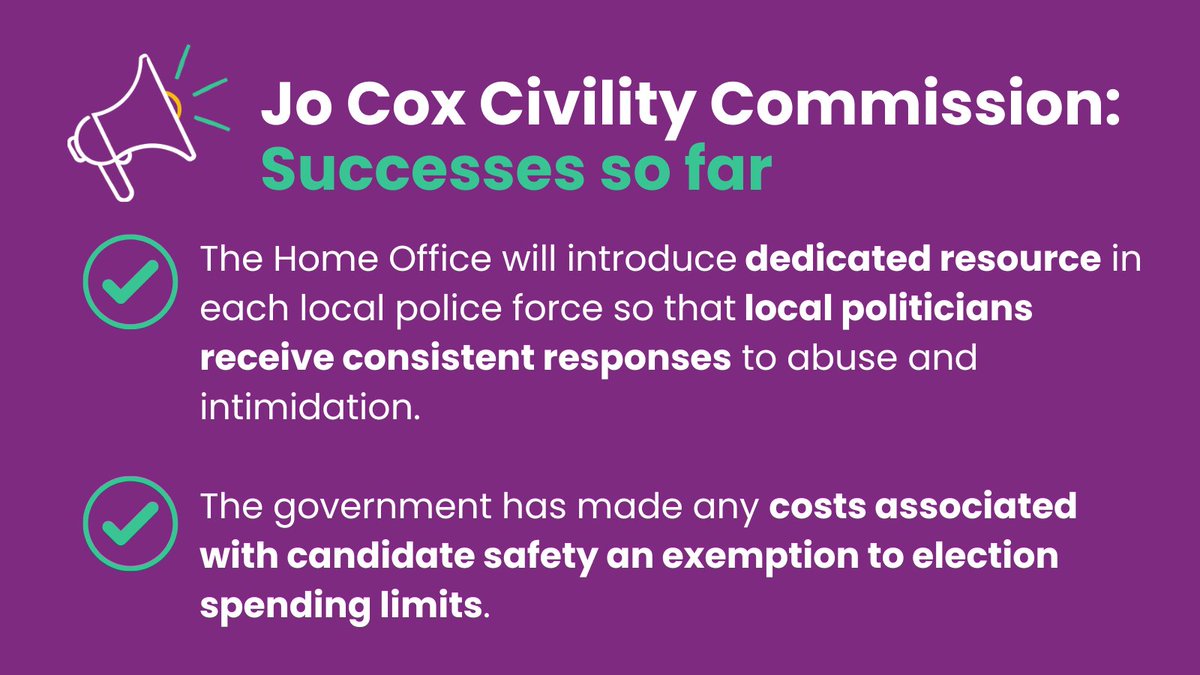 📢 #JoCoxCommission successes so far... In January we launched 28 recommendations to tackle abuse and intimidation towards elected representatives. Two of those have now been adopted, and others are already in progress. 🧵(1/6)