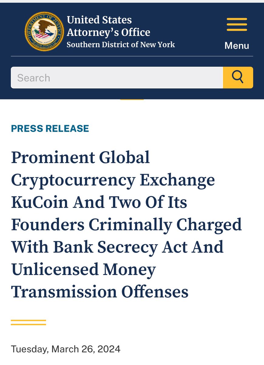 BREAKING‼️ Cryptocurrency exchange Kucoin and two of its founders criminally charged with bank secrecy act violations and unlicensed money transmission offences.