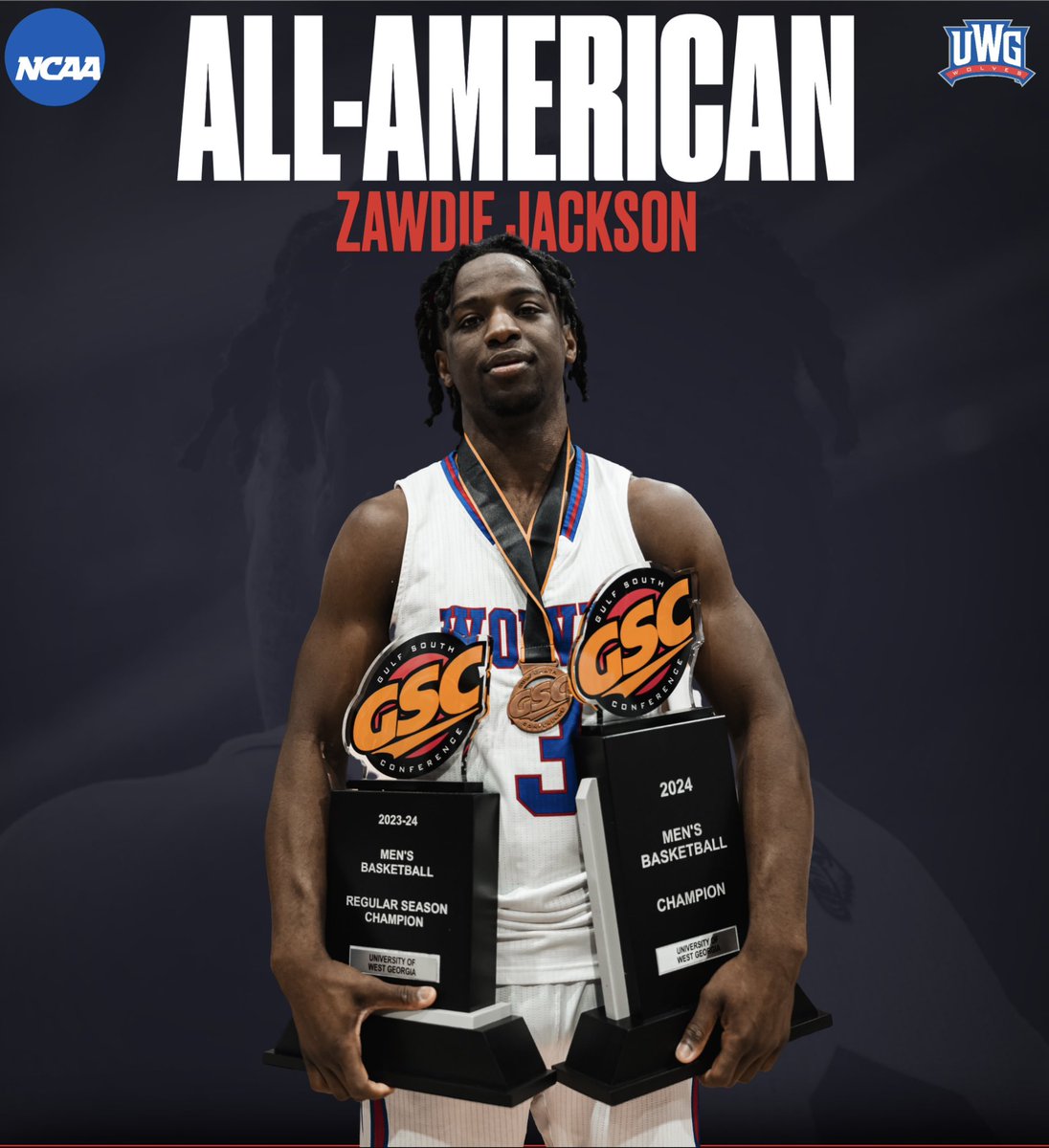 Introducing the FOURTH First Team All-American in UWG Basketball History: Zawdie Jackson‼️ Major congrats to Zawdie on being named a NABC and D2CCA All-American! 👏🐺 📰: uwgathletics.com/news/2024/3/26… #WeRunTogether
