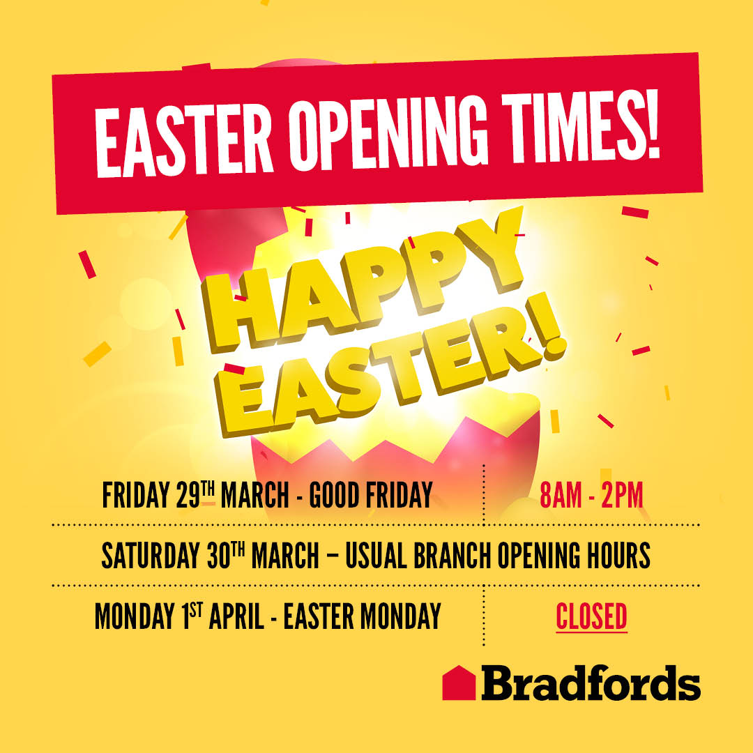 🐣 EASTER WEEKEND OPENING HOURS 🐣 This is a busy time for us here at Bradfords so make sure to get your orders sorted, and ready for the weekend! 👊 Please note some branches opening times may vary, you can contact your local branch here: shorturl.at/aAUVX