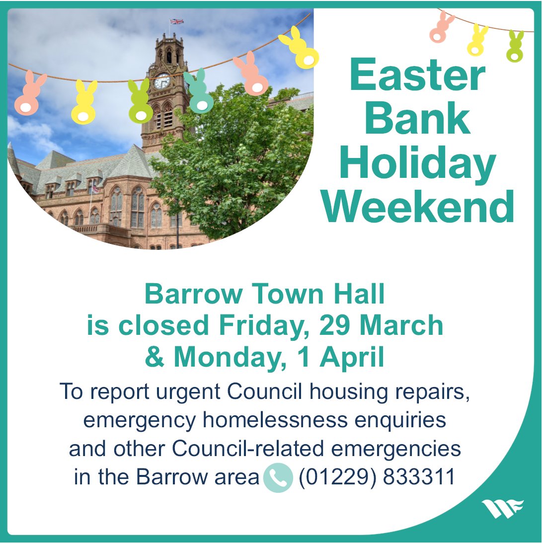 Barrow Town Hall will be closed on Friday, 29 March and Monday, 1 April, but our emergency Council housing repairs service is still operating as well as our emergency homelessness enquiry service over the bank holiday weekend (covering the Barrow area) ...
