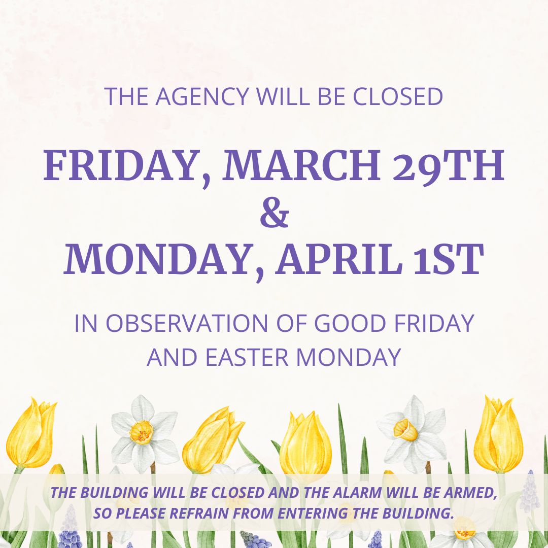 Please note that all of our agency locations and services will be closed Friday March 29th and Monday, April 1st in observance of Good Friday and Easter! We pray you have wonderful week and happy holiday with your friends and family. Catholic Charities Fort Worth