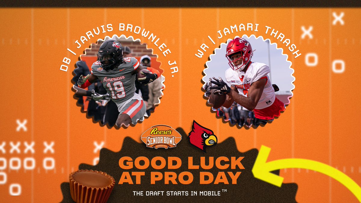 👏 Good luck at #ProDay to our Senior Bowl alumni @LouisvilleFB DB @JarvisBrownlee3 and WR @Jamari_Thrash #GoCards 💪 #TheDraftStartsInMOBILE™️