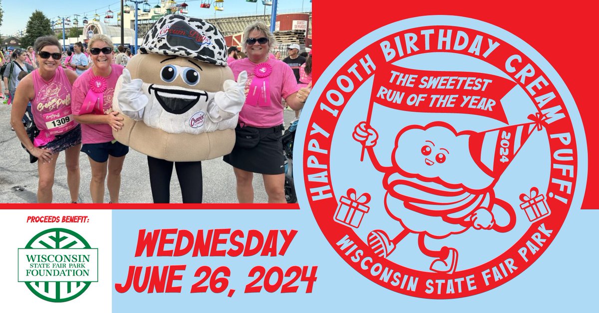 ✨ It's the sweetest run of the year ✨ Celebrate 100 years of the iconic Cream Puff by running or walking in the Wisconsin State Fair Park Foundation's 2024 Cream Puff 5k - with an all-new date! Register by April 1 and score the lowest price. DETAILS:
