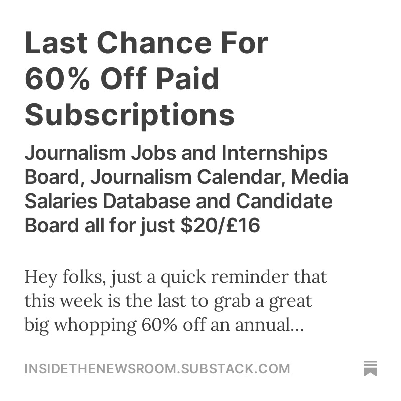 Our 60% discount off annual subscriptions ends this week 👇 • Full access to more than 1,000 active journalism jobs and internships • Full access to more than 100 journalism fellowships and grants, events and webinars, trainings and workshops, awards and competitions •…