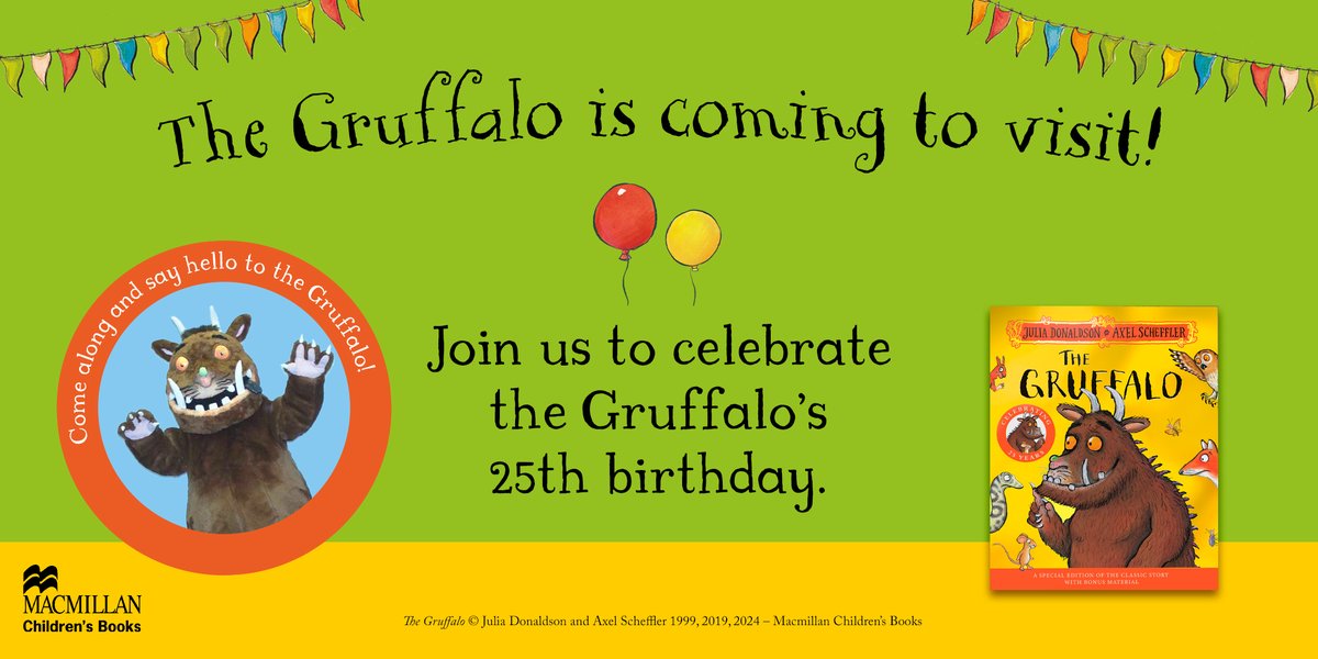 The Gruffalo is coming to Abingdon to celebrate his 25th birthday, and we're having a party! Join us for storytime, themed activities, and a meet and greet with The Gruffalo himself! Saturday 27th April, 10.30am, The Barn, OX14 1PL. 🎟️: mostly-books.co.uk/product/the-gr…