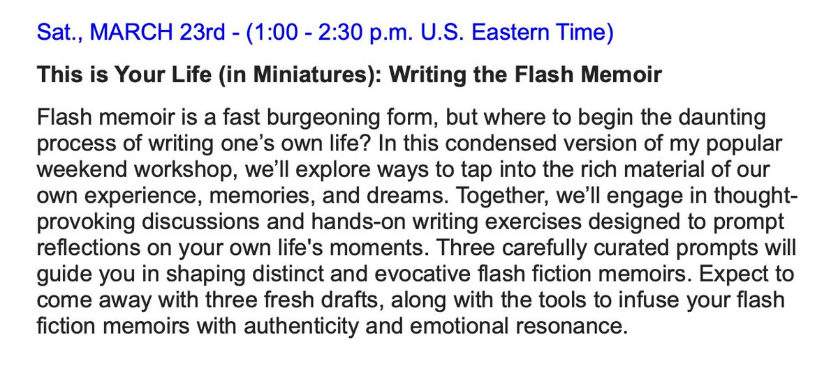 Hey friends, there are a few spaces available in this Saturday's (March 30th) 3-in-90 live workshop, 'This is Your Life (in Miniatures): Writing Flash Memoir.' More info and sign up here. Come away with three fresh drafts! fastflashworkshops.com/WebSeminarRegi…
