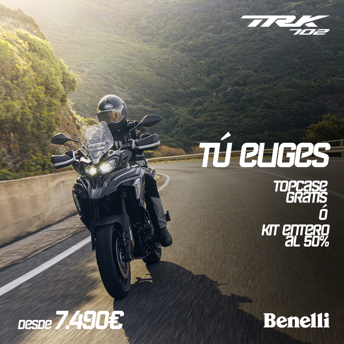 ¡Equípate para la aventura con la Benelli TRK702! Elige entre un topcase gratis o un juego de maletas con un 50% de descuento. ¡La decisión es tuya! 

Más info 👉👉 is.gd/DH2tdw

#BenelliTRK702 #MotoTrail #OfertaEspecial