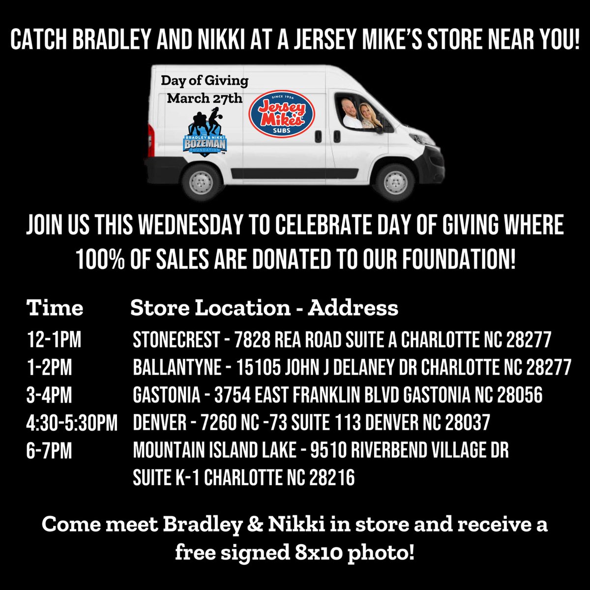 TOMORROW IS THE DAY OF GIVING!!! We hope you plan to grab a @jerseymikes sub tomorrow to support our foundation. EVERY dollar spent goes back to feeding families in our community. You read that right spending $10 on a sub tomorrow = $10 donated to BNBF! So come hungry!!! 😉