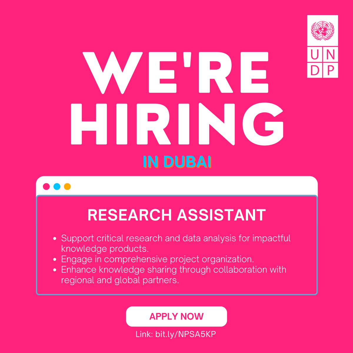 🌟 @UNDP is hiring in #Dubai! 3 Research Assistants needed to join our dynamic team. Dive into knowledge projects & make an impact. 📚🌐 Fluent in English & Arabic, French a plus. Apply by 3 April: bit.ly/NPSA5KP #UNDPJobs #ResearchAssistant #DubaiCareers