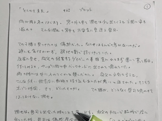 私のプロットは小説調?なんだけど文字だと10行は必要なシーンがネームだと3枚くらいで表せて漫画ってなんて雄弁って思うけど…下絵してペン入れて仕上げて…ってしてると文字ならたった10行なのにこの手間暇かかるの狂気の沙汰〜ってなる^^;全工程嫌いじゃないけど… 