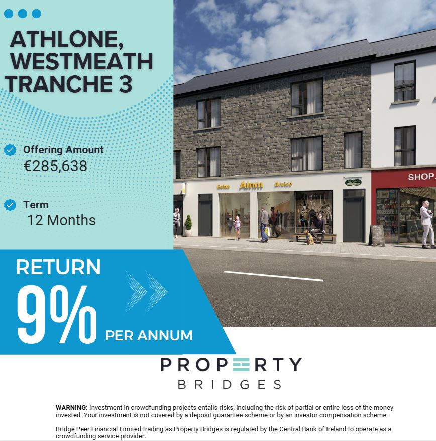 Athlone - T3 LIVE TOMORROW @2p.m Our Athlone project is progressing at a rapid rate and we are now raising the third tranche of development finance of €285,638 for this project. The project will pay an expected 9% per annum. propertybridges.com Contact us on (01) 549 4546