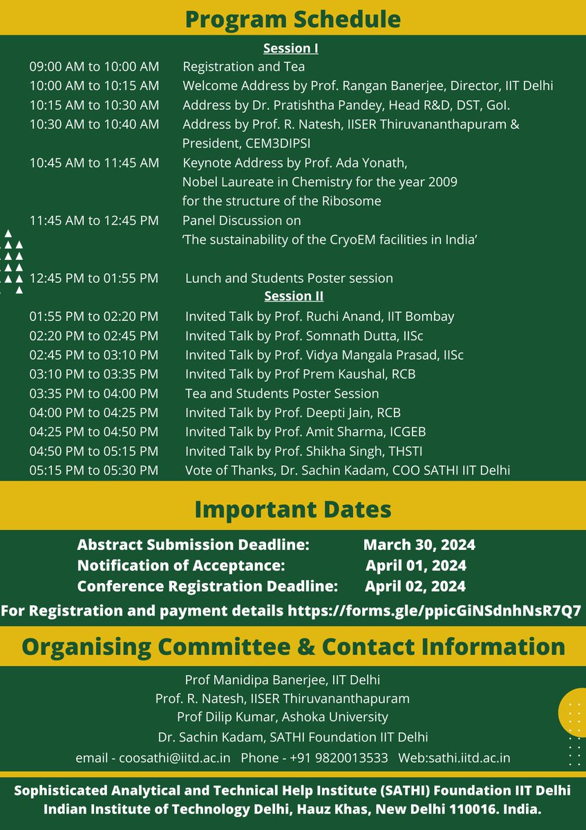 Calling all #CryoEM researchers & enthusiasts! Join us at the SATHI Summit at IIT Delhi on April 5th for groundbreaking discussions with Nobel Laureate Prof. @AdaYonath! Register & learn from the best: [forms.gle/ppicGiNSdnhNsR…] #SATHISummit #Science #Research #IITDelhi