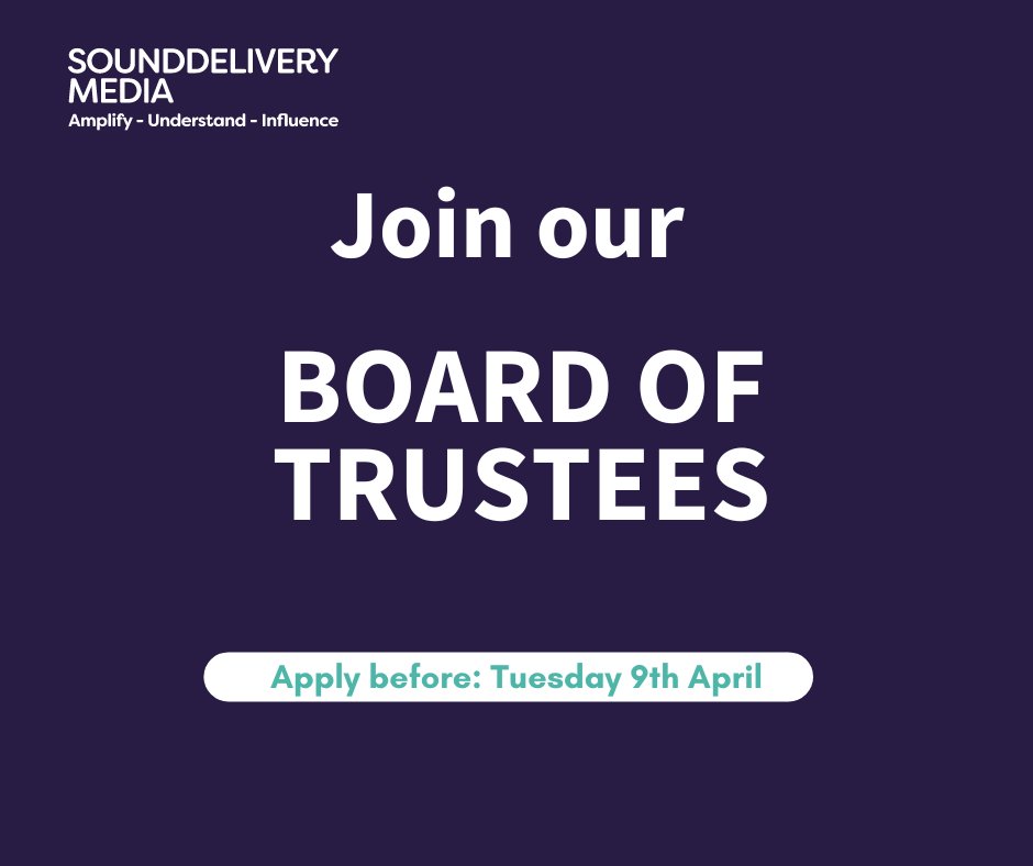 📢@sounddelivery is on the lookout for #trustees to strengthen our board with knowledge in: ✅ Charity accounts  ✅ #LivedExperience of social injustice ✅ #Branding ✅ UK Media ✅ Training & service delivery ✅ Research, evaluation & #ImpactMeasurement sounddelivery.org.uk/jobs/trustees/