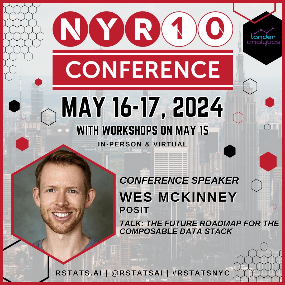 I'm speaking at the @rstatsai #rstatsnyc conference for the 10th year in a row May 16-17, look forward to seeing everyone there! rstats.ai/nyr.html