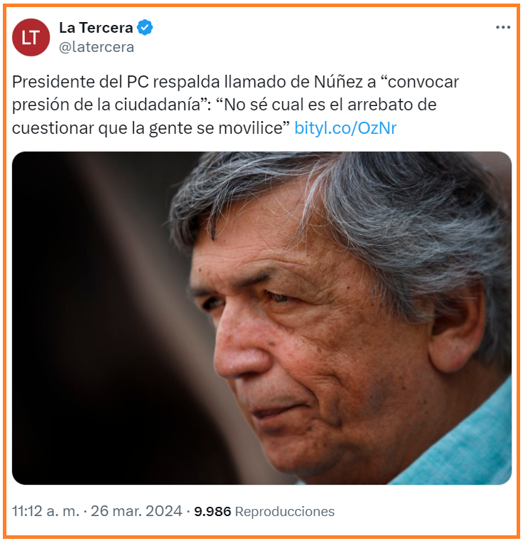 sergiou01329861's tweet photo. Crece la bola de nieve.
Ahora todo el PC más el FA, partidos de Gobierno, apoyan al Senador Núñez en su idea de convocar a un nuevo estallido social para amedrentar a la oposición a que les aprueben sus reformas sociales rechazadas por amplia mayoría en plebiscito del 4 SEP 2022.