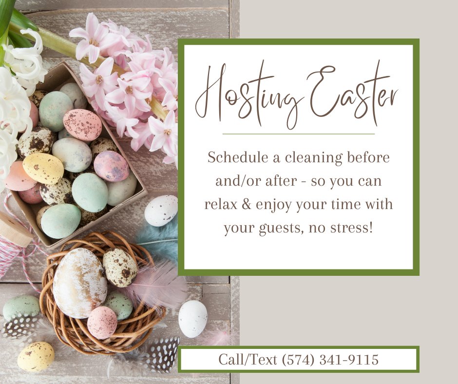 It's said Easter is the only time it's safe to put all yours eggs in one basket 🪺

🐣 & We'll handle those eggs with care!

Hire Not Today Martha to clean up before and/or after your festivities!

Call/Text: 574-341-9115

#Easter #cleaners #southbend #michiana #northliberty