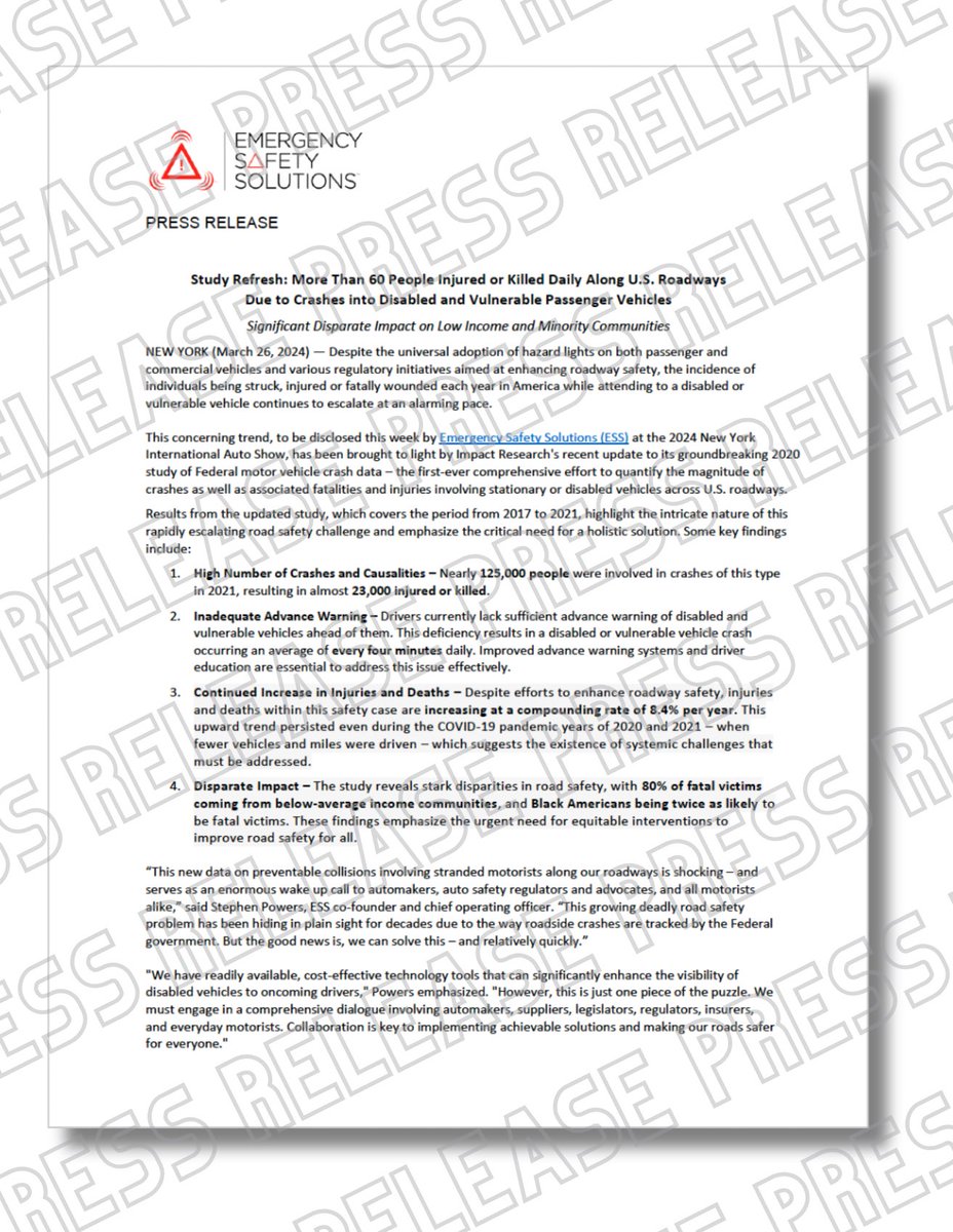 ESS_Help's tweet image. More than 60 stranded motorists are killed by oncoming drivers every day. 

Check out our press release for key insights from Impact Research’s updated study ➡️ ess-help.com/blog/study-ref…

#ESSHELP #PressRelease #HELPisHere #RoadwaySafety #DriverSafety #nyautoshow2024
