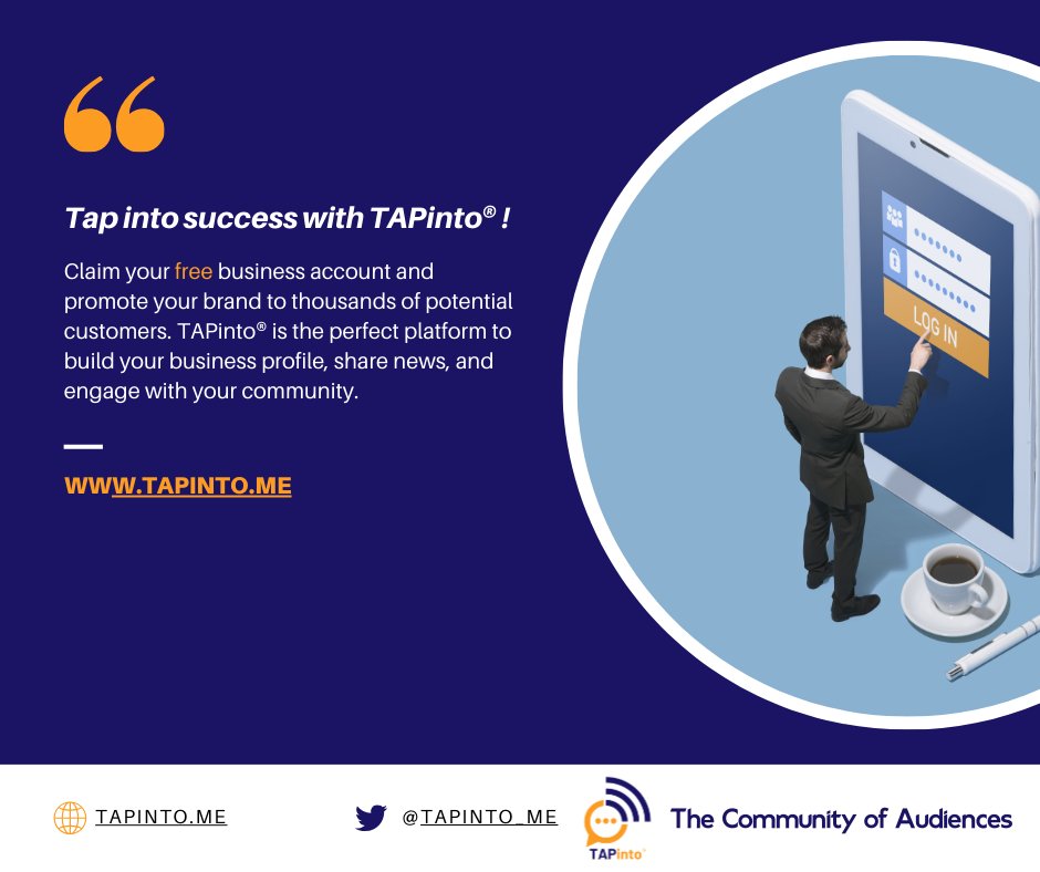 Tap into success with TAPinto®️! Claim your FREE business account and promote your brand to thousands of potential customers. TAPinto®️ is the perfect platform to build your business profile, share news, and engage with your community tapinto.me #marketing #free