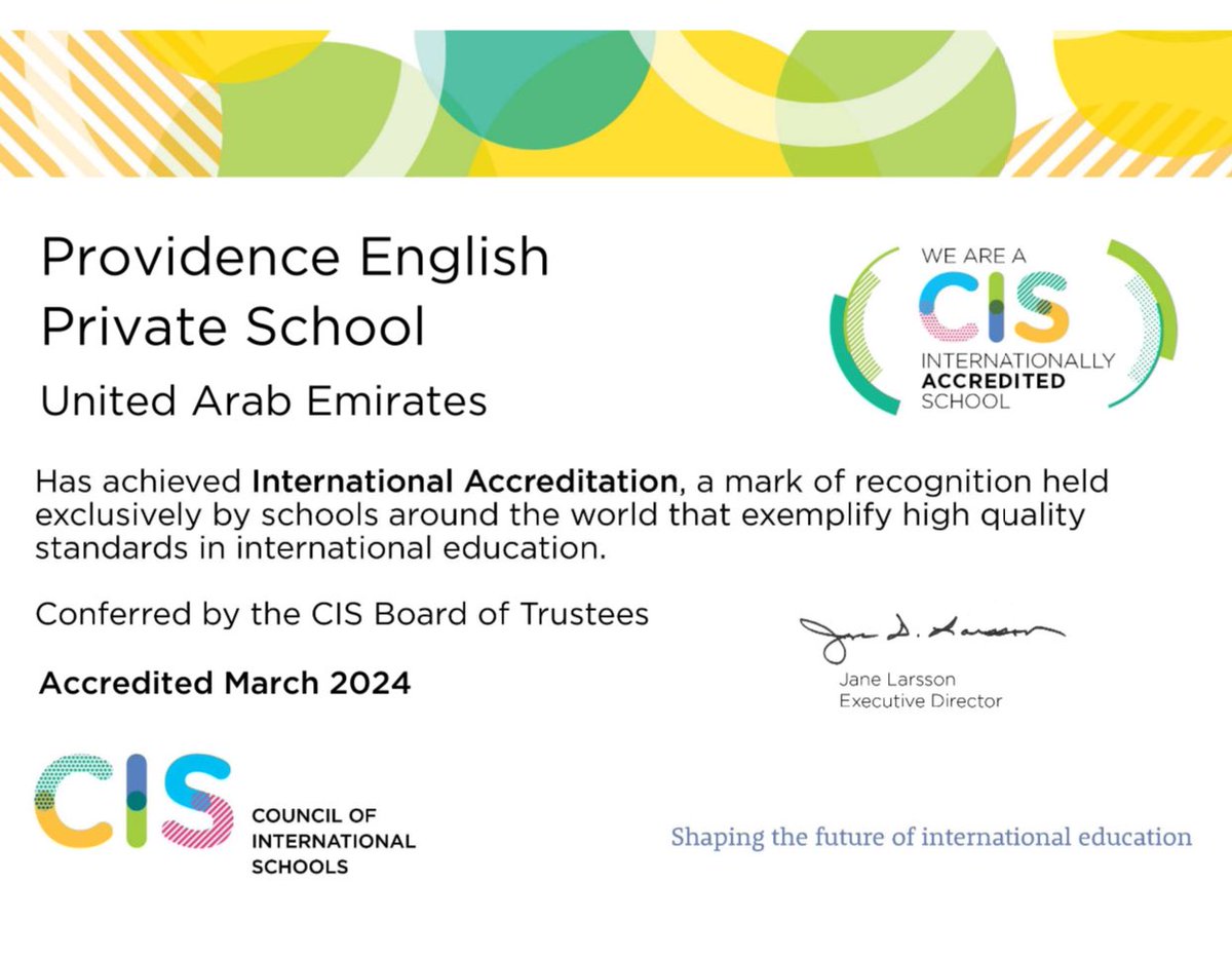 Providencesch's tweet photo. We are proud to announce that PEPS has achieved the CIS International Accreditation. We congratulate our school community and @shjspea on this achievement. PEPS is first school in sharjah to be awarded the CIS International Accreditation. https://t.co/KSP0ynpjZr