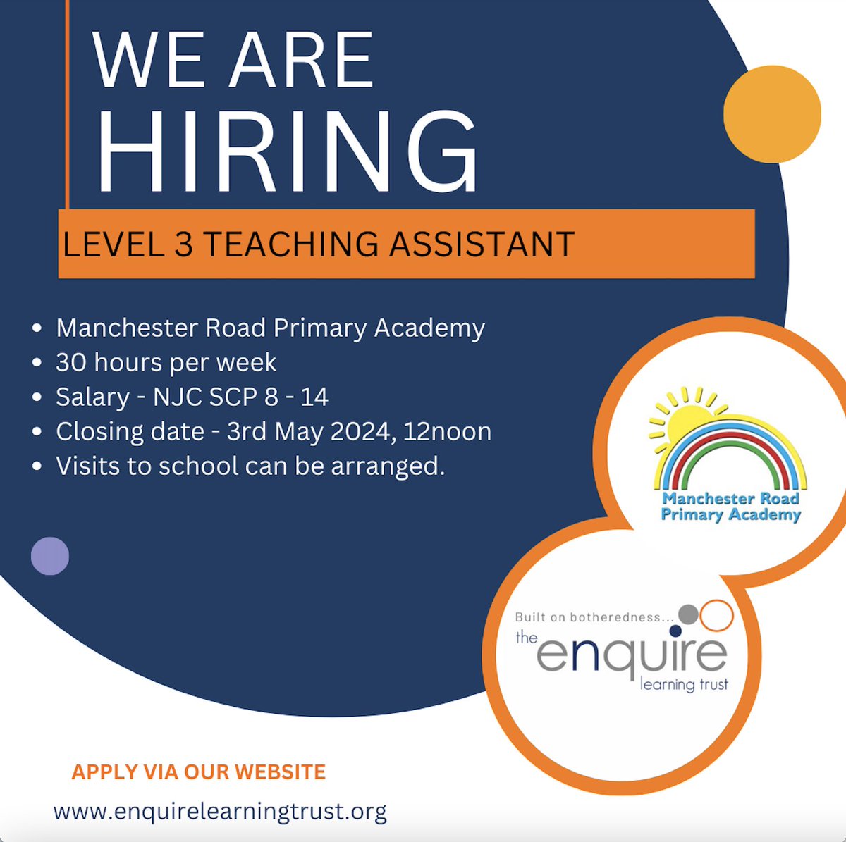 We are looking for a Level 3 TA to join The Enquire Learning Trust🧡 Interested? Or know someone who might be? Please share! 🗓03/05/2024, 12noon 📍Manchester Road Primary Academy Find out more and apply here📷 enquirelearningtrust.org/.../manchester…...