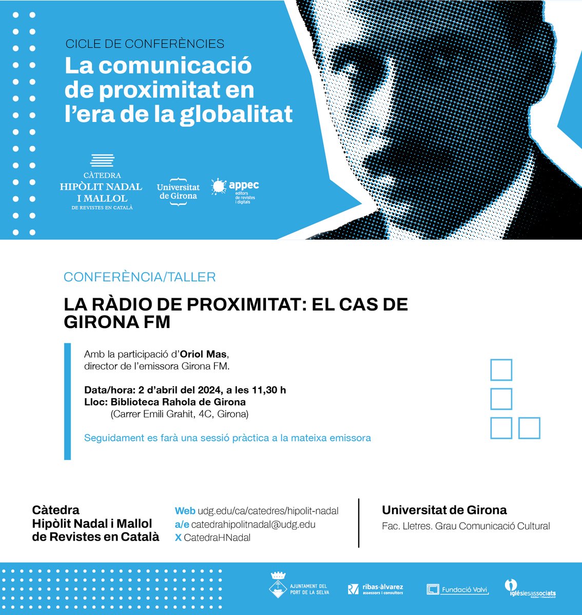 Lluís Costa (@costalluis) on Twitter photo El proper 2 d'abril a <a href="/bprahola/">Biblioteca Pública de Girona Carles Rahola</a> conferència/taller "La ràdio de proximitat: el cas de Girona FM" amb <a href="/oriol_mas/">Oriol Mas</a> organitzat per <a href="/CatedraHNadal/">Càtedra Hipòlit Nadal de Revistes en Català</a> La <a href="/univgirona/">Universitat de Girona</a> surt al carrer. <a href="/UdGLletres/">Facultat de Lletres UdG</a> <a href="/UdGFacTurisme/">Facultat de Turisme</a> @toniiglesies <a href="/GrupRecercaCSII/">Comunicació Social i Institucional</a> <a href="/CComunicacioUdG/">Campus Comunicació</a> <a href="/revistesAPPEC/">APPEC · Editors de Revistes i Digitals</a> <a href="/elportdelaselva/">El Port de la Selva</a> El proper 2 d'abril a <a href="/bprahola/">Biblioteca Pública de Girona Carles Rahola</a> conferència/taller "La ràdio de proximitat: el cas de Girona FM" amb <a href="/oriol_mas/">Oriol Mas</a> organitzat per <a href="/CatedraHNadal/">Càtedra Hipòlit Nadal de Revistes en Català</a> La <a href="/univgirona/">Universitat de Girona</a> surt al carrer. <a href="/UdGLletres/">Facultat de Lletres UdG</a> <a href="/UdGFacTurisme/">Facultat de Turisme</a> @toniiglesies <a href="/GrupRecercaCSII/">Comunicació Social i Institucional</a> <a href="/CComunicacioUdG/">Campus Comunicació</a> <a href="/revistesAPPEC/">APPEC · Editors de Revistes i Digitals</a> <a href="/elportdelaselva/">El Port de la Selva</a>