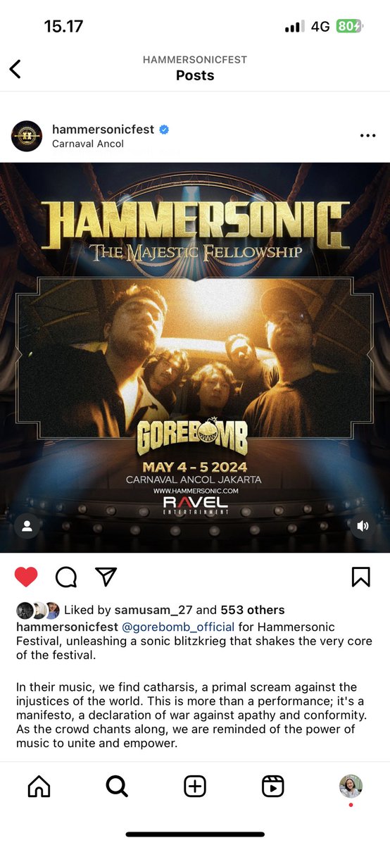 BANGGA SEKALI SAYAAAA DENGAN BAND INI! GOREBOMB, band asal Bekasi yg terbentuknya baru pertengahan tahun lalu. Belum genap setahun, tapi impian mereka main di panggung #hammersonicfest2024 akhirnya terwujud walaupun baru punya 4-5 single kalau gak salah🥹💜