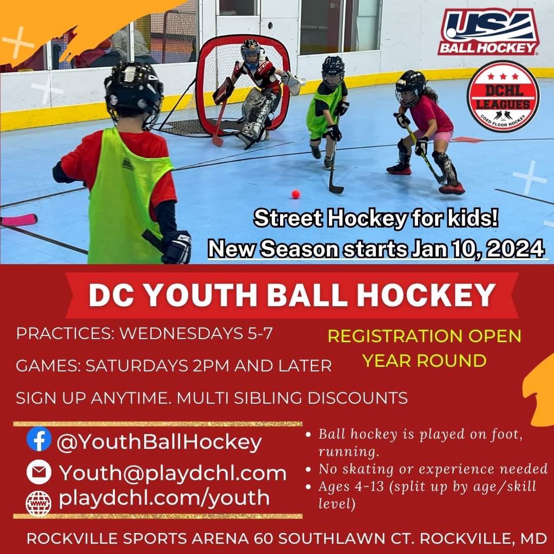 Indoor Street hockey league for kids ages 4-13. Running on foot. Beginners welcome! Co-ed, no exerience or skating necessary. Affordable sport for DMV kids! Split up into groups by age, size and skill. Registration link:  dchockeyleagues.squadfusion.com/reg/ozAWtkOf Spring 2024 season runs from