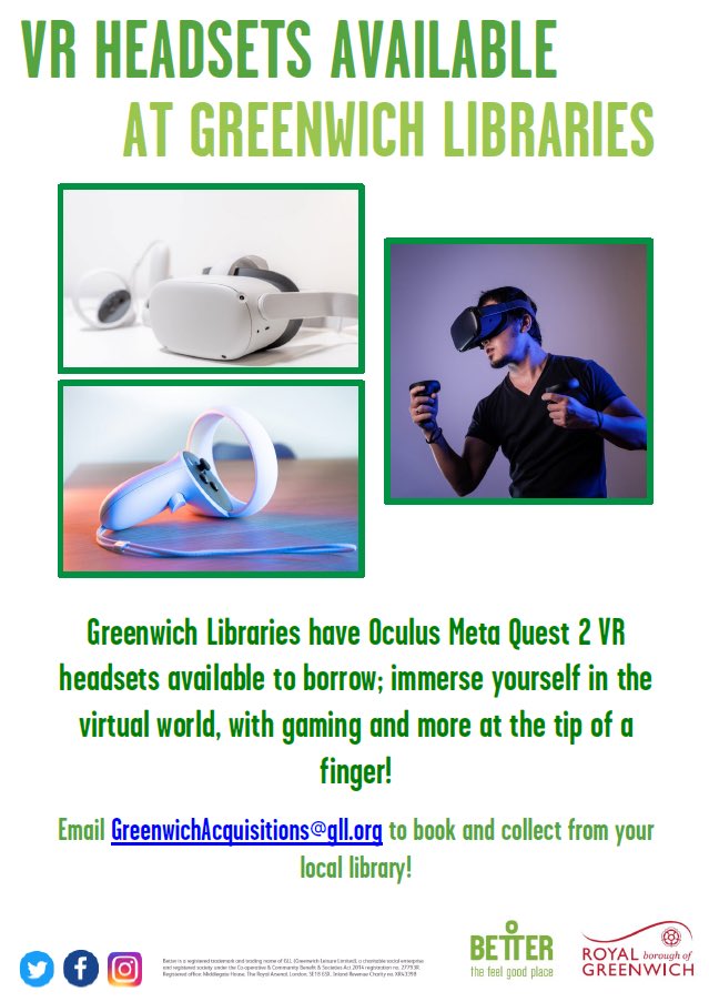 Greenwich Libraries have Oculus Meta Quest 2 VR headsets available to borrow; immerse yourself in the virtual world, with gaming and more at the tip of a finger! 🎮 Email GreenwichAcquisitions@gll.org to book and collect from your local library! @Royal_Greenwich @Better_UK