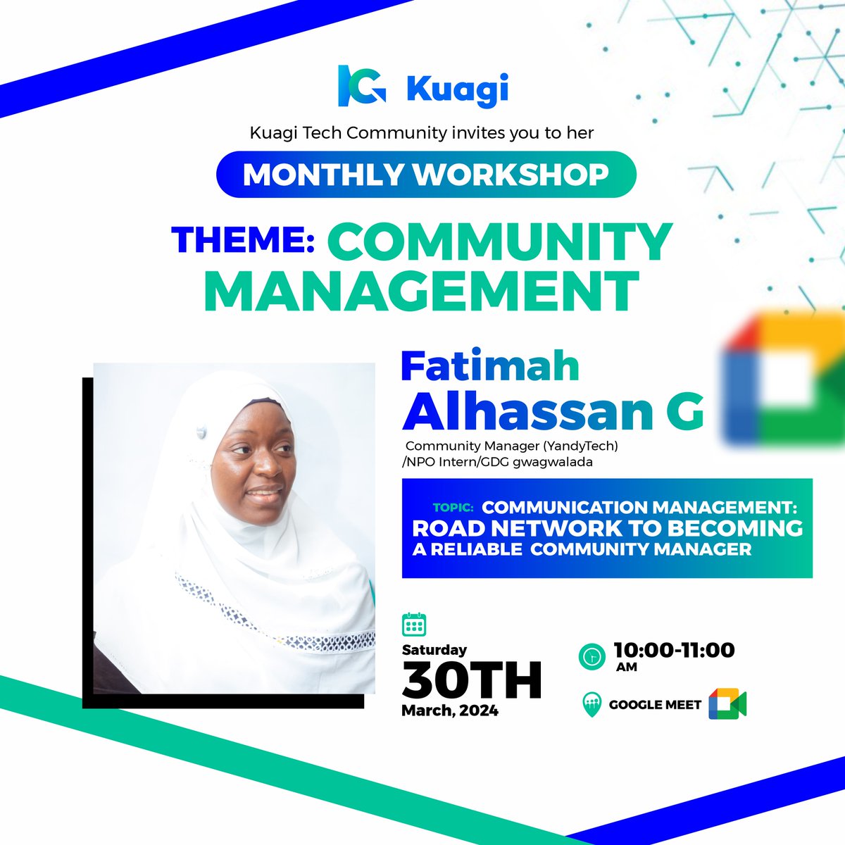 This Saturday, our speaker @alhassanfatimag who is an experienced community manager, will be taking us through all we need to know about community management and even more. Date: March 30, 2024 Time: 10 am- 11am Venue: Google Meet Register: bit.ly/KuagiTCWorksho…