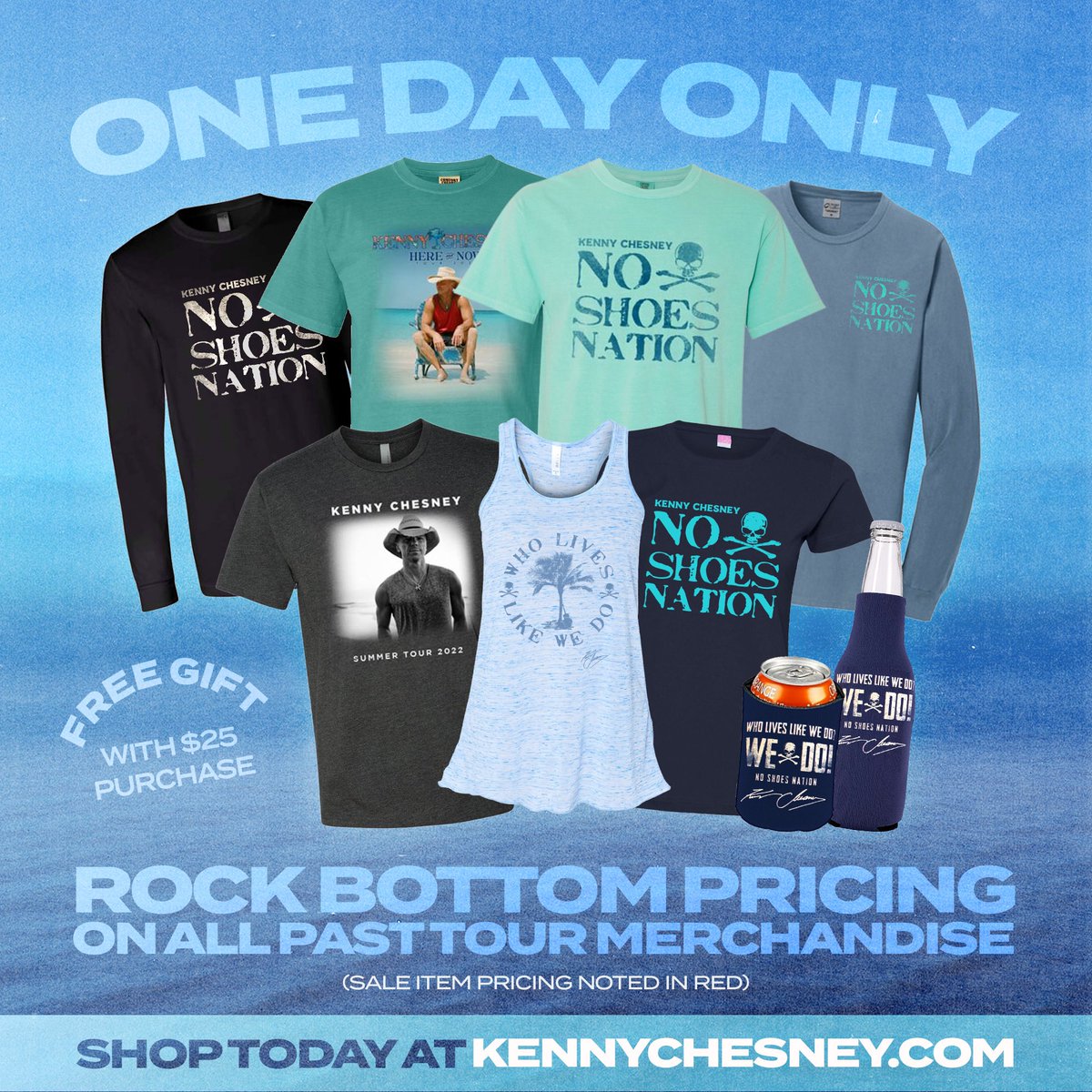 Tour merch is on SALE for 24 hours only! Ends March 26th at Midnight ET. Spend $25+ and get a FREE gift! (While supplies last.) Shop now at store.kennychesney.com