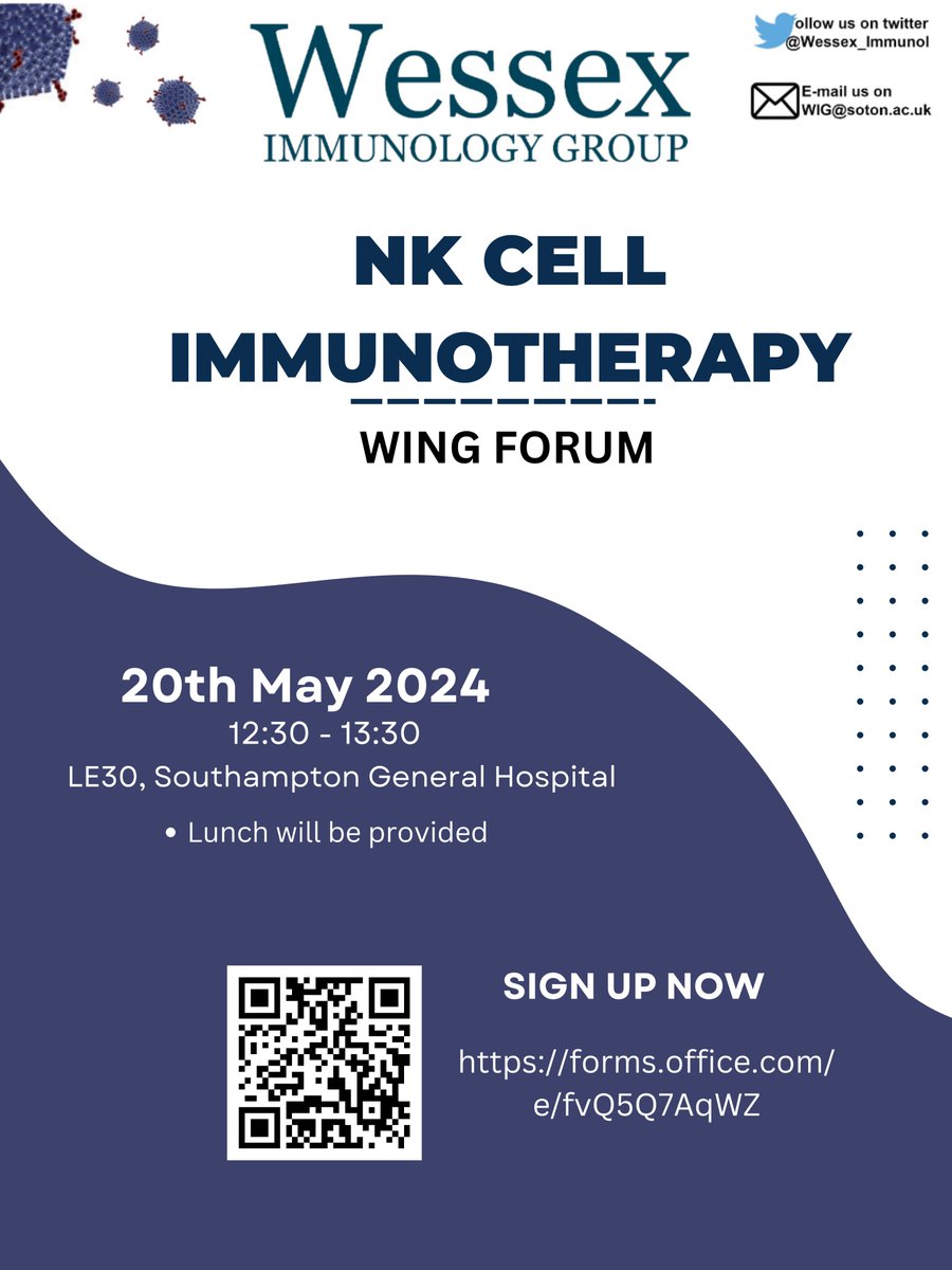 Registration is now open for our next WING forum on the 20th of May, with the theme of NK Cell Immunotherapy. All are welcome to join us! forms.office.com/e/fvQ5Q7AqWZ @britsocimm @MScAllergy @CCI_UoS @UoS_Medicine @sotonbiosci @LSPS_soton @SouthamptonBRC @sotonbsps