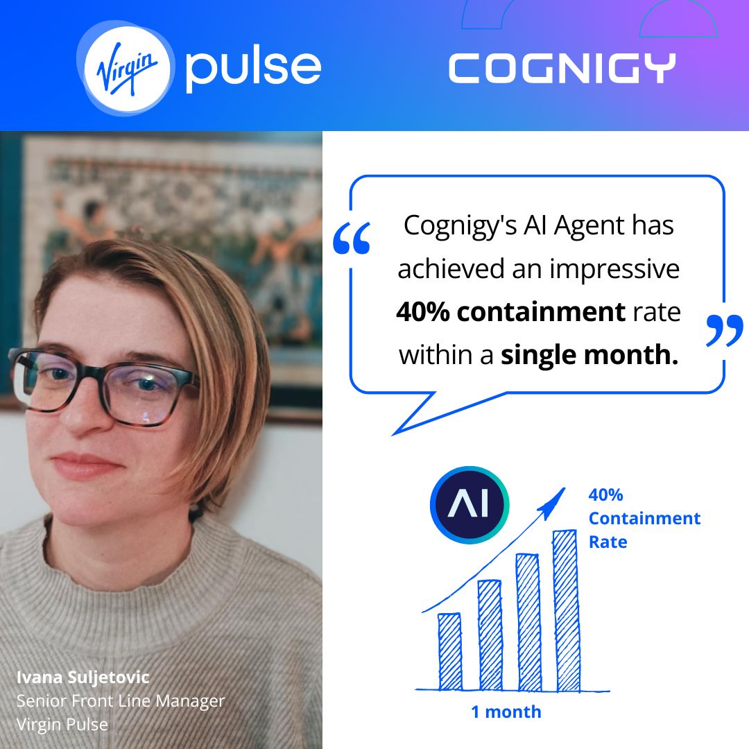 🌟 @virginpulse's customer service team has a new form of support: Within just a single month, the AI Agent has already handled 40% of all incoming requests without the need for human intervention. Find out more: hubs.la/Q02qLzPm0 #Cognigy #CX